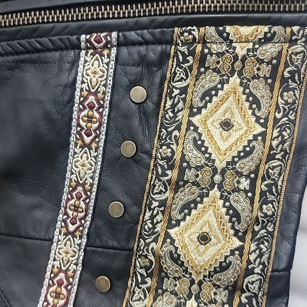 Buckle Black Fitted Faux Leather Brass Accent Embroidered Jacket size Small - Picture 2 of 9